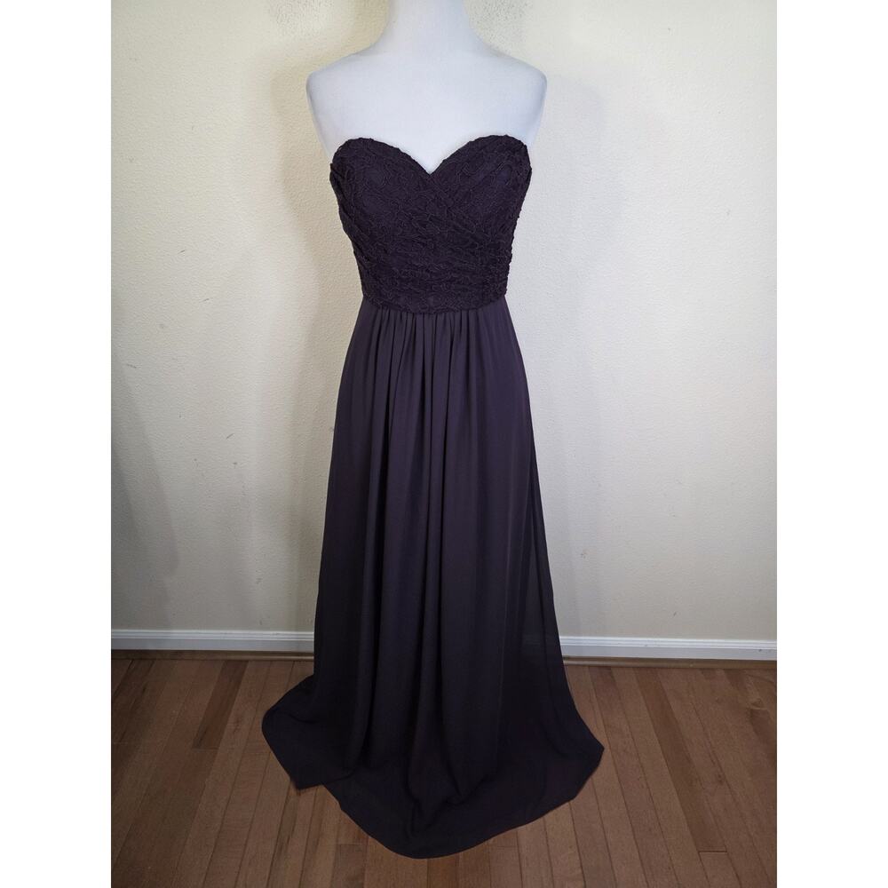 Bill Levkoff Strapless Lace Bodice Chiffon Gown in Deep Plum